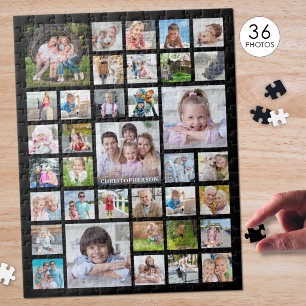 Photo Collage Family Name or Title Black Jigsaw Puzzle