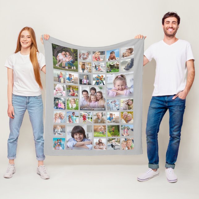 Photo Collage Family Name or Title Grey Fleece Blanket (In Situ)