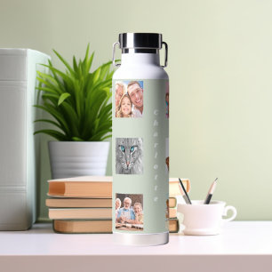 Photo collage family name sage green water bottle
