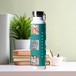 Photo collage family name teal water bottle