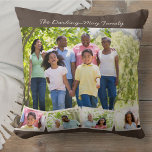 Photo Collage Family Name ZigZag Photo Strip Brown Cushion<br><div class="desc">Personalise this happy throw pillow with your favourite family photos. The template is set up ready for you to add up to 5 photos and your family name (or custom text). The main photo will be used as the background and the remaining 4 photos will be laid out in a...</div>