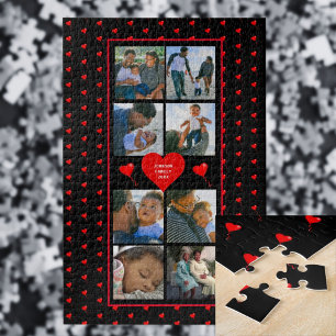 Photo Collage Family Personalised Red Heart & Name Jigsaw Puzzle