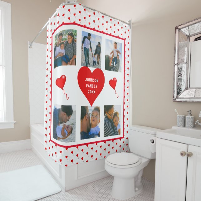 Photo Collage Family Personalised Valentine Heart Shower Curtain (In Situ)