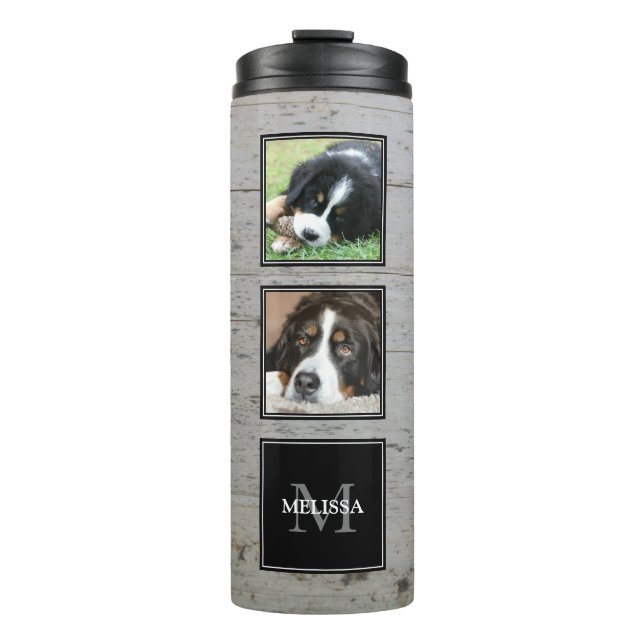 Photo collage family pets on wood personalised thermal tumbler (Front)