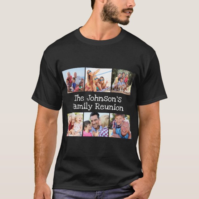 Photo Collage Family Reunion Personalised Black T-Shirt (Front)