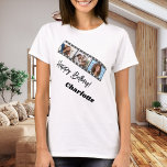 Photo collage film name birthday woman T-Shirt<br><div class="desc">For a white/light coloured t-shirt. Personalise and add a name and 3 photos inside the film roll frame. Black text.</div>