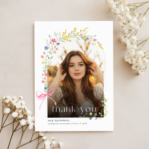 Photo Collage Floral Pink Bow Graduation Thank You Postcard