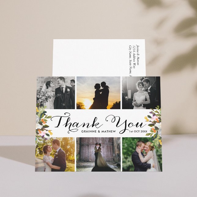 Photo Collage Floral Wedding Thank You Postcard (Creator Uploaded)