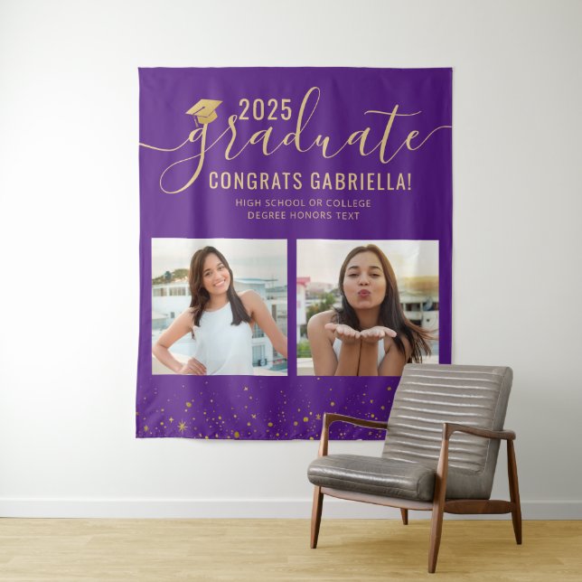 Photo Collage Graduation Booth Backdrop Purple Tapestry (In Situ)