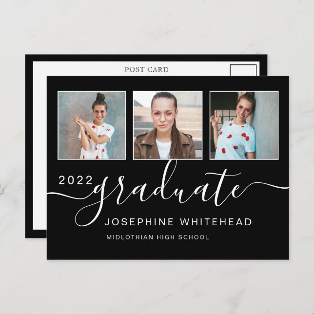 Photo Collage Graduation Minimal Black Postcard (Front/Back)