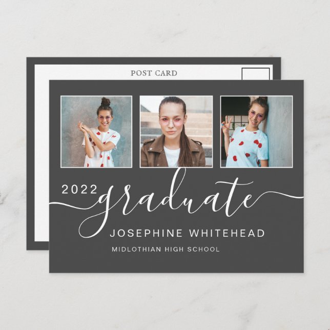 Photo Collage Graduation Minimal Dark Grey Postcard (Front/Back)