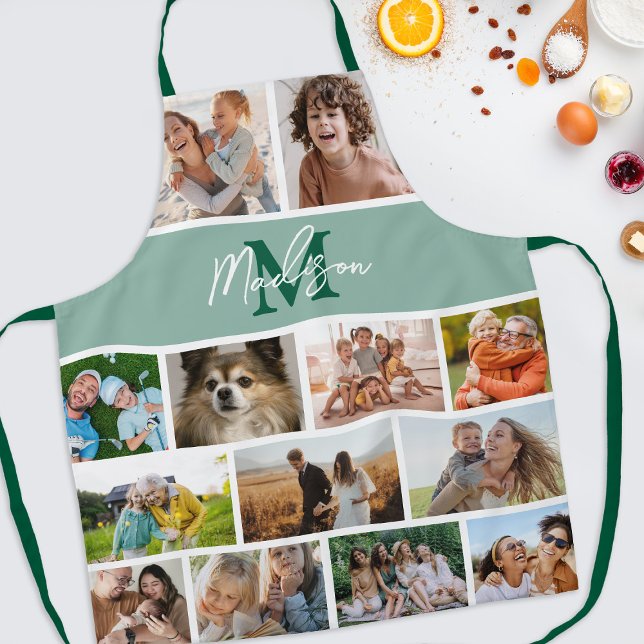 Photo Collage Green Monogram Apron (Creator Uploaded)