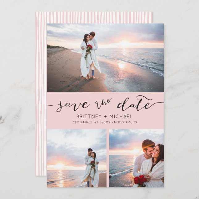 Photo Collage Handwritten Blush Pink Save the Date Announcement (Front/Back)