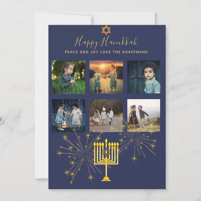 Photo Collage Hanukkah Modern Blue Mauve Gold Holiday Card (Front)