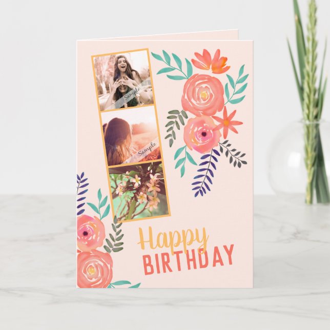 Photo Collage "Happy Birthday" Pink Coral Roses Card (Front)