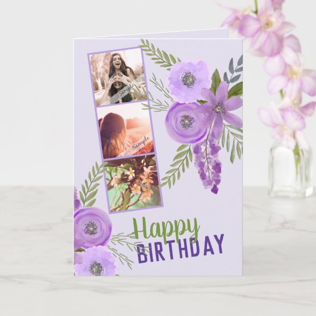 Photo Collage "Happy Birthday"  Violet Purple  Card (Orchid)