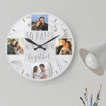 Photo Collage Happy Together Quote Modern Marble<br><div class="desc">Create your own unique round wall clock which you can personalize with 4 of your favorite photos. This chic and modern design has a watercolor marble in shades of white and gray with dark gray typography. The photos are displayed in square format around the wording "so happy when we're together"....</div>