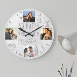 Photo Collage Happy Together Quote Modern Marble Large Clock<br><div class="desc">Create your own unique round wall clock which you can personalize with 4 of your favorite photos. This chic and modern design has a watercolor marble in shades of white and gray with dark gray typography. The photos are displayed in square format around the wording "so happy when we're together"....</div>