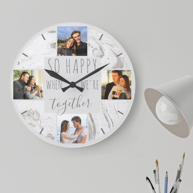 Photo Collage Happy Together Quote Modern Marble Large Clock (Romantic couples photo clock, lovely gift for new  home, engagement, wedding anniversary ...)