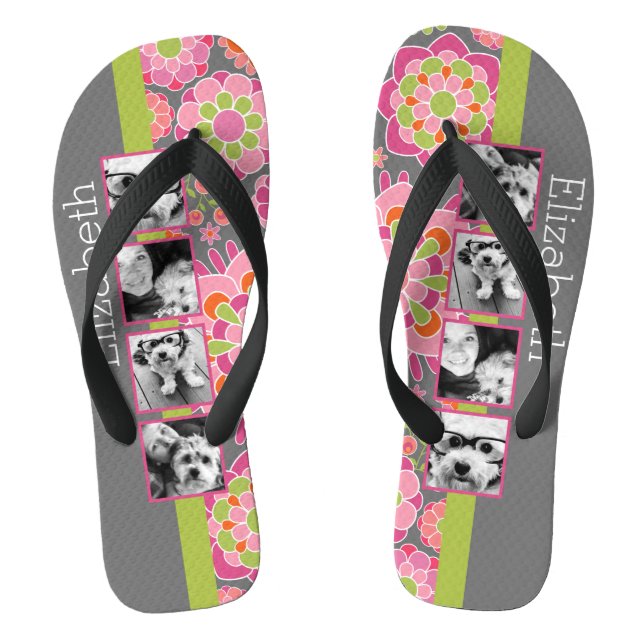 Photo Collage Hot Pink and Orange Flowers Jandals (Footbed)