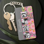 Photo Collage Hot Pink and Orange Flowers Key Ring<br><div class="desc">A great way to display your square photos from your online account.  A fun floral pattern design highlights the pics.</div>
