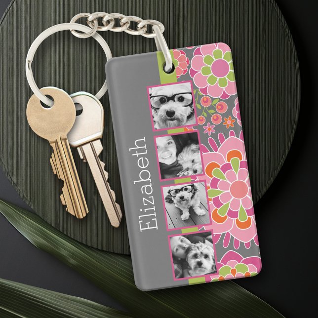 Photo Collage Hot Pink and Orange Flowers Key Ring (Personalized Keychain with a photo collage)