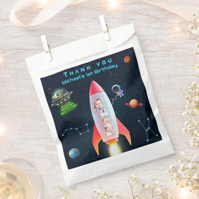 Photo Collage Huge One | 1st Birthday Rocket Space Favour Bags (Clipped)