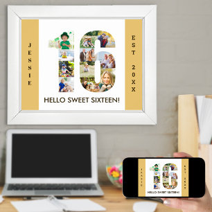 Photo Collage in Number 16 Neutral 16th Birthday Poster