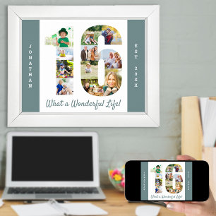 Photo Collage in Number 16 Shape for 16th Birthday Poster