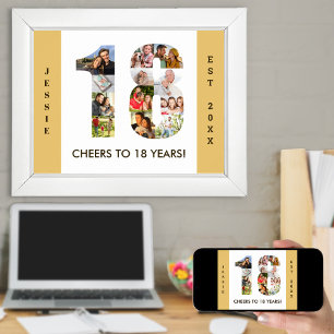 Photo Collage in Number 18 Neutral 18th Birthday Poster