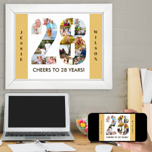 Photo Collage in Number 28 Neutral 28th Birthday Poster