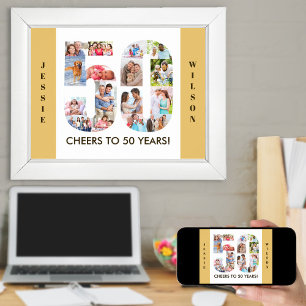 Photo Collage in Number 50 Neutral 50th Birthday Poster