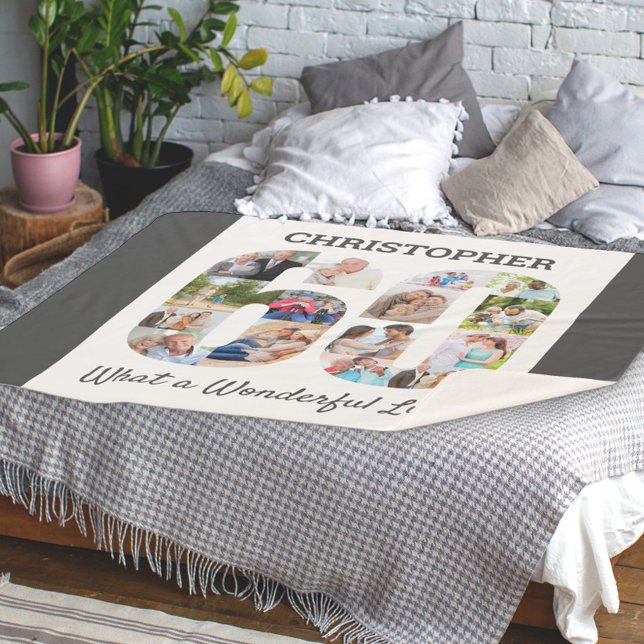 Photo Collage in Number 60 Shape for 60th Birthday Sherpa Blanket (Creator Uploaded)