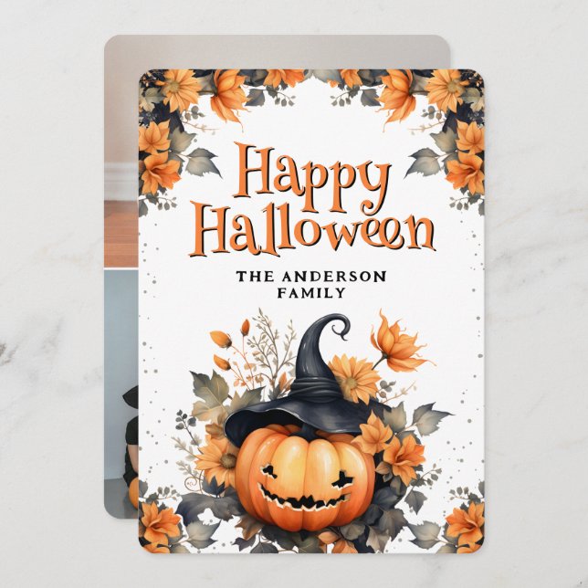 Photo Collage Jack O’Lantern Floral Halloween Card (Front/Back)