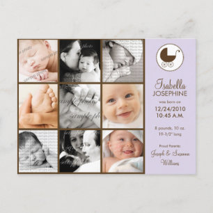 Photo Collage Lavender Baby Birth Announcement Postcard