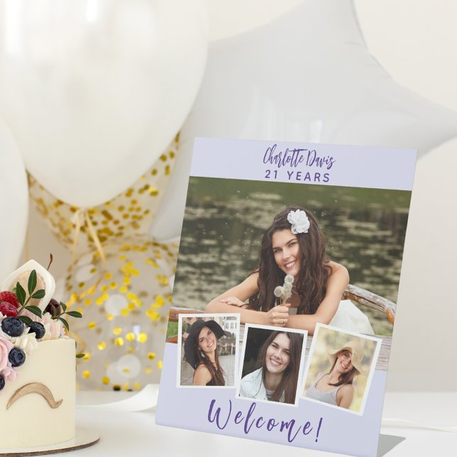 Photo collage lavender birthday party welcome pedestal sign (Creator Uploaded)