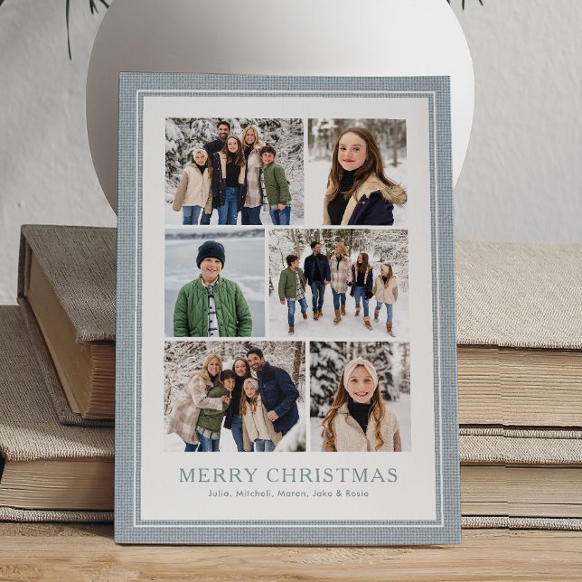 Photo collage light blue checked frame Christmas Holiday Card (Creator Uploaded)