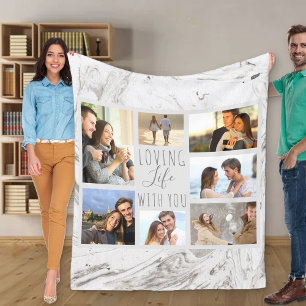 Photo Collage Loving Life with You Grey Marble Fleece Blanket