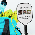 Photo collage man myth legend white pickleball paddle<br><div class="desc">A classic white background.  Personalise and add 3 photos and name.  Text: The Man,  The Myth,  The Legend.
For the man in your life,  husband,  father,  friend,  brother.</div>