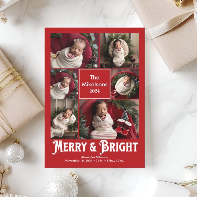 Photo Collage Merry and Bright Birth Announcement (Creator Uploaded)