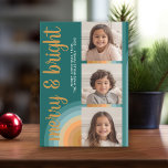 Photo Collage - Merry and Bright Curvy Line Art Holiday Card<br><div class="desc">Teal greens and golds make this a funky and retro Christmas Photo Card -- something that is different and stands our from the rest - A merry and bright holiday greeting with a rustic script calligraphy greeting. You can choose three of your favourite photos to make this a very modern...</div>
