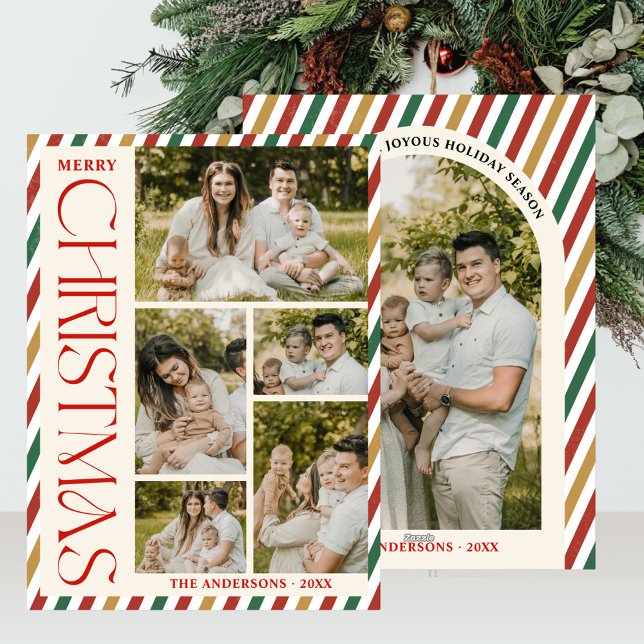 Photo Collage Merry Christmas Arch Retro Stripes  Holiday Card (Creator Uploaded)