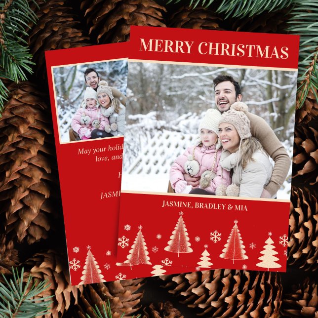 Photo collage Merry Christmas red retro Holiday Card (Merry Christmas photo collage of three pics template holiday card red midcentury retro style )