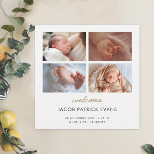 Photo Collage Modern Gold Script Boy Girl Birth  Announcement
