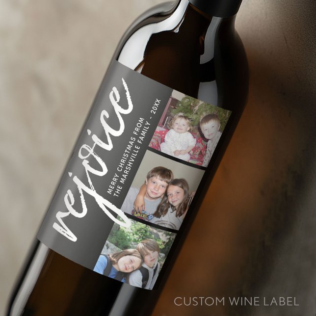 Photo Collage - Modern Holiday Rejoice - Wine Label (Custom Wine Bottle Label - Personalize a Sticker for a fun gift or memento)