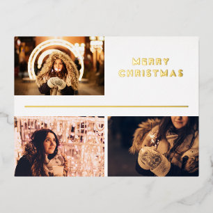 Photo Collage Modern Merry Christmas Gold  Foil Holiday Postcard