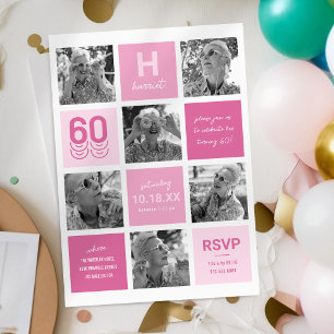 Photo Collage Modern Pink 60th Birthday Invitation