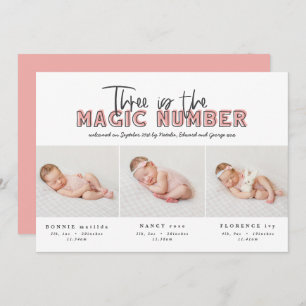 Photo collage modern triplet birth announcement