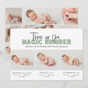 Photo collage modern triplet birth announcement