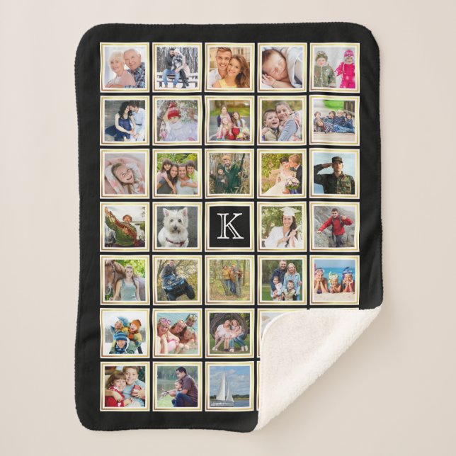 Photo Collage Monogram Black Gold Frame 34 Pics Sherpa Blanket (Front)